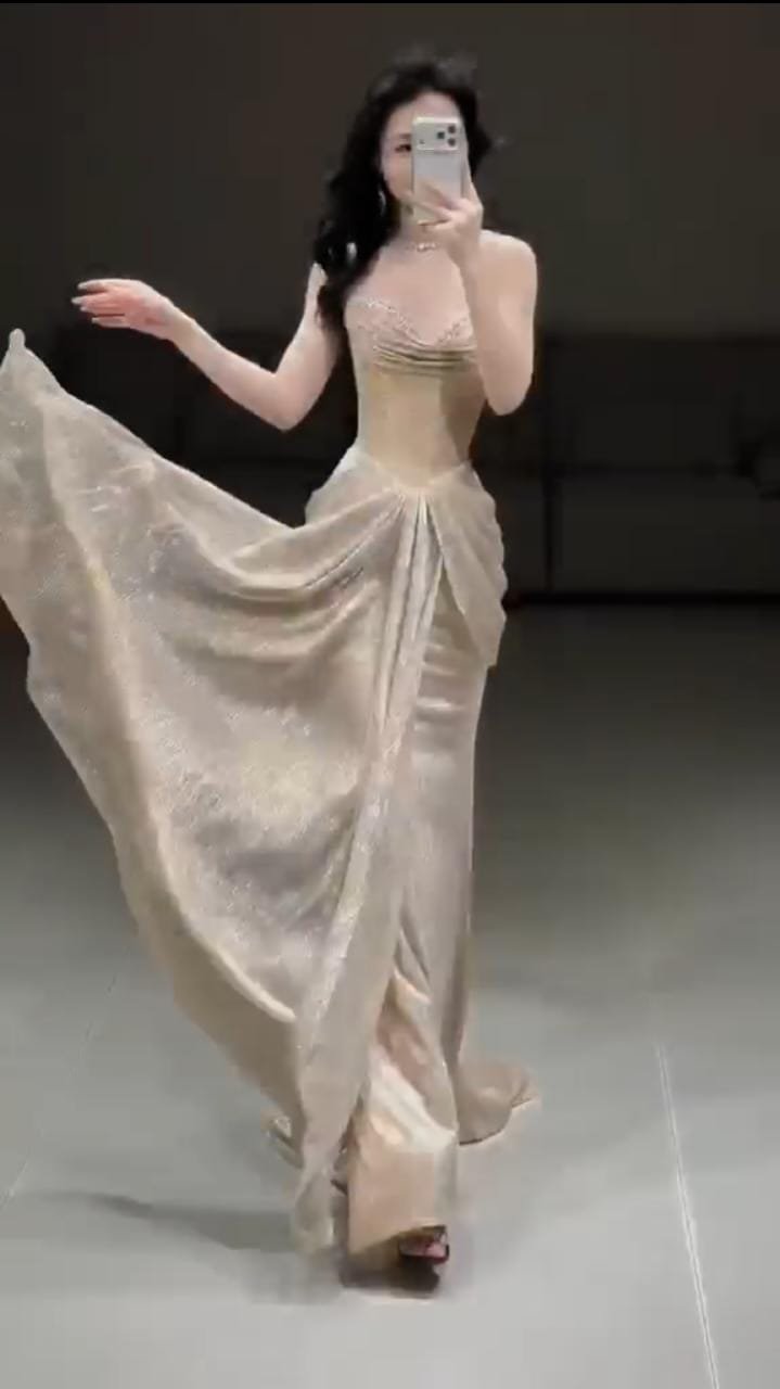 Gold Glitter Draped Cowl Corset Evening Gown