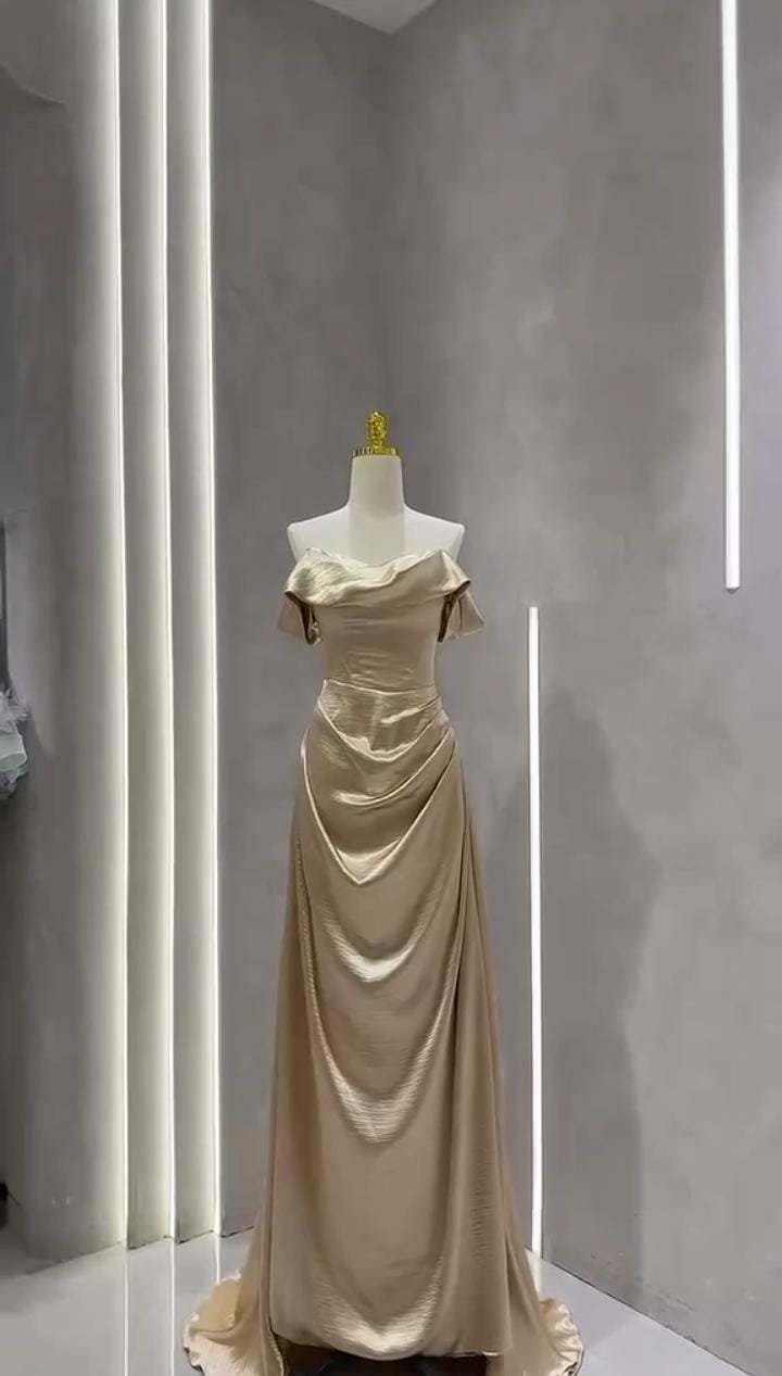 Champagne Gold Off-Shoulder Cowl Drape Corset Evening Gown