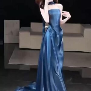 Midnight Sapphire Blue Satin Evening Gown