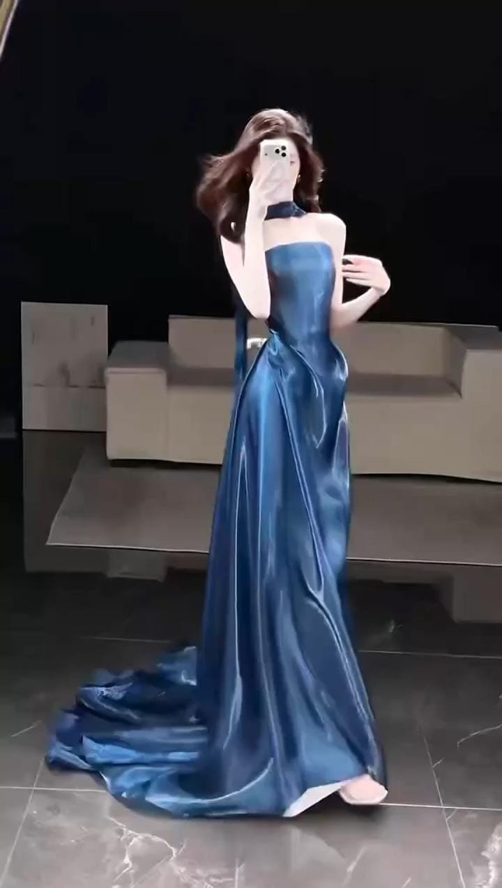 Midnight Sapphire Blue Satin Evening Gown