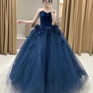 Navy Blue Rosette Tulle Ball Gown