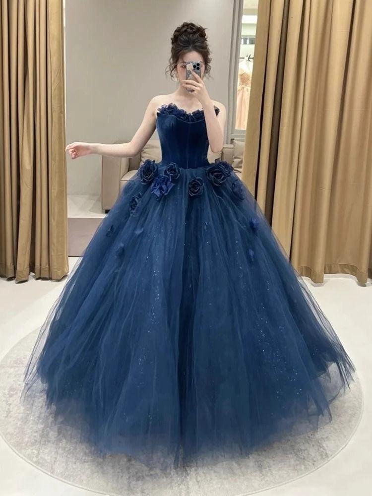 Navy Blue Rosette Tulle Ball Gown