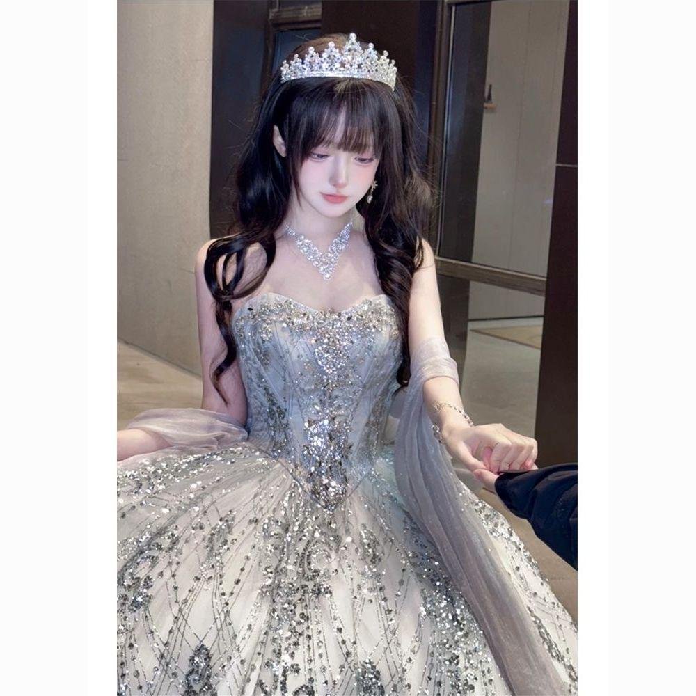 Silver Sparkle Ball Gown with Back Bow