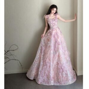 Pink Floral Sequin Prom Dress