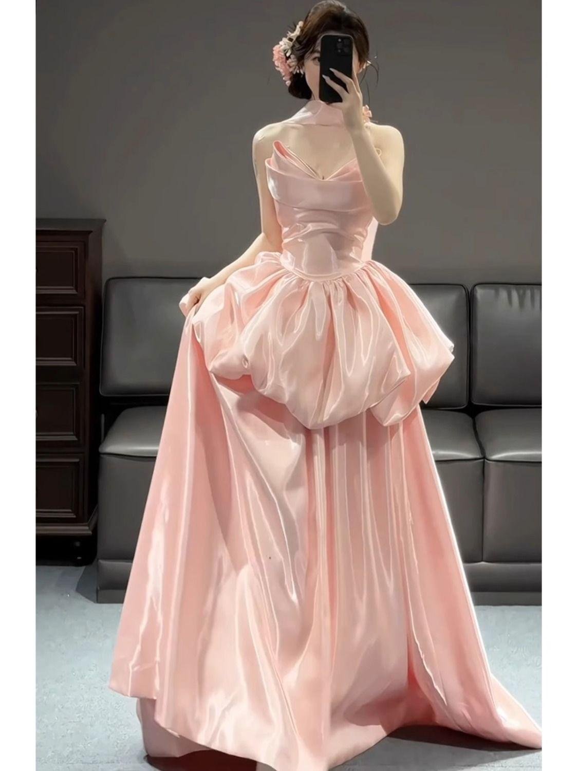 Elegant Blush Pink Satin Ball Gown