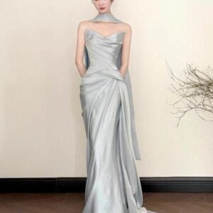Elegant Silver Satin Draped Gown