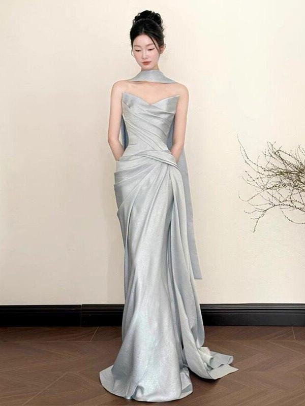 Elegant Silver Satin Draped Gown